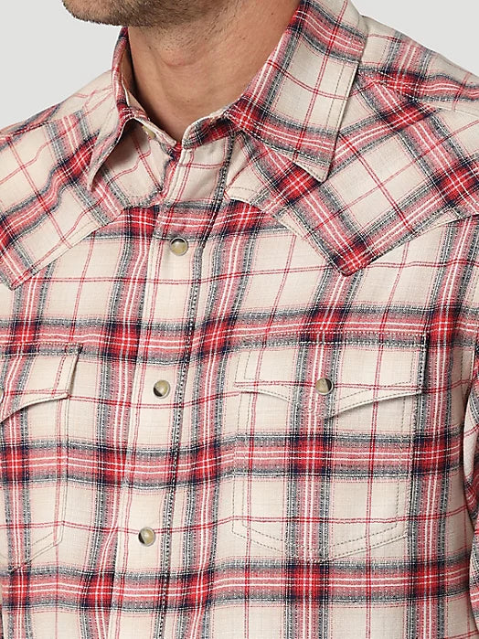 Wrangler Men's Retro Premium Long Sleeve Linen Western Snap Shirt In Picnic Khaki