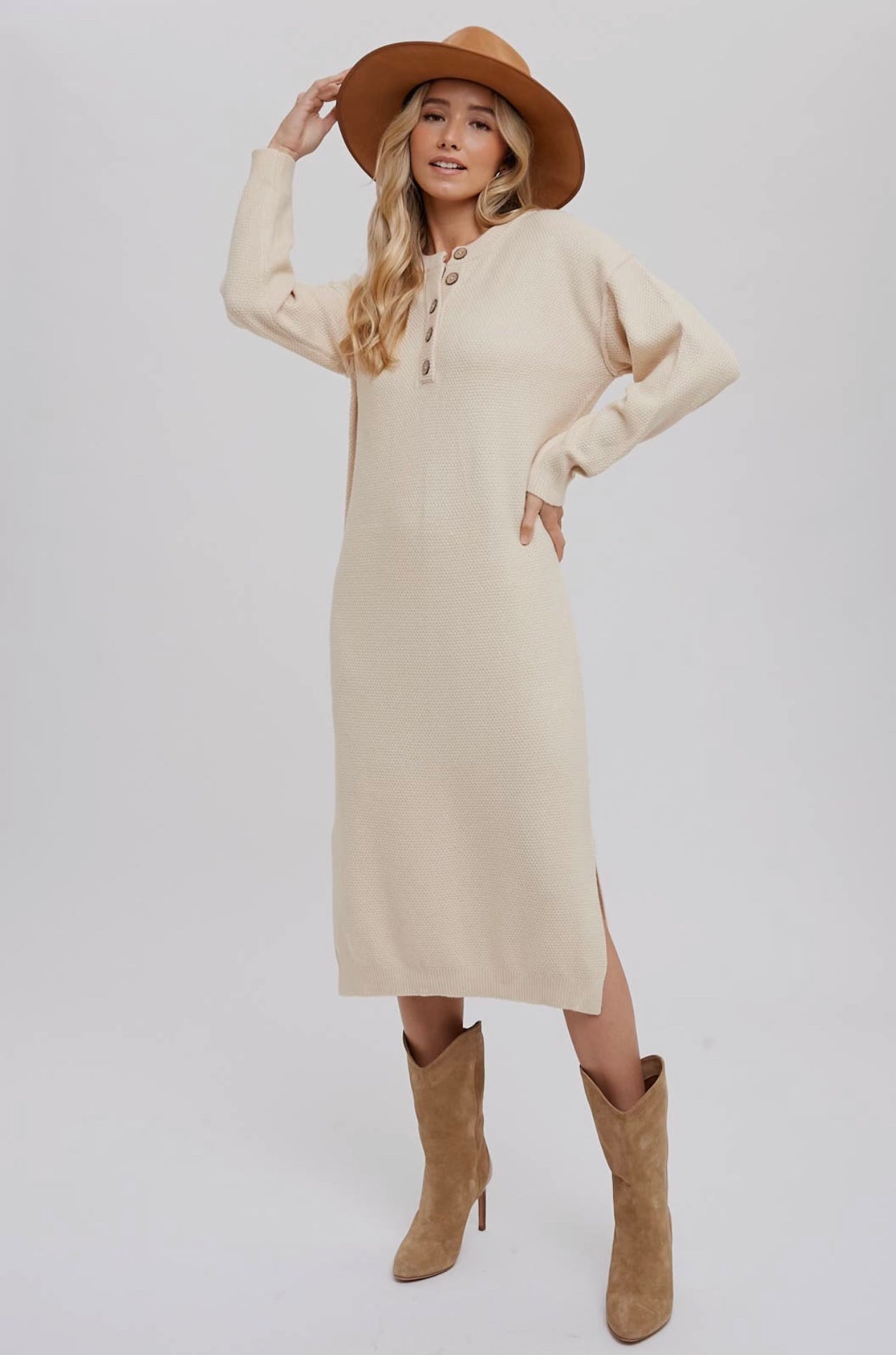 beige midi jumper dress Midi (Knee) | Jumper Dresses | Beige | Long Sleeve