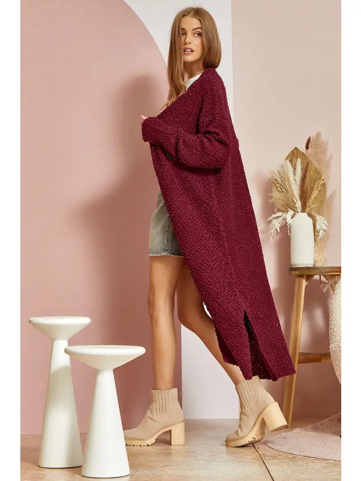 Andree Camille Cozy Long Sleeve Popcorn Cardigan in Burgundy Medium Andree Camille Cozy Long Sleeve Popcorn Cardigan in Burgundy Medium
