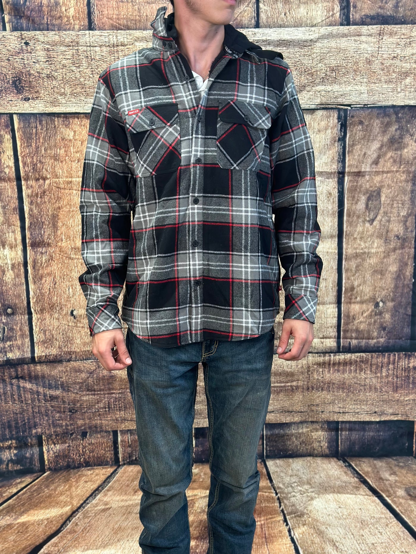 Howitzer "Blue Collar Patriot" Red and Black Plaid Hooded Flannel