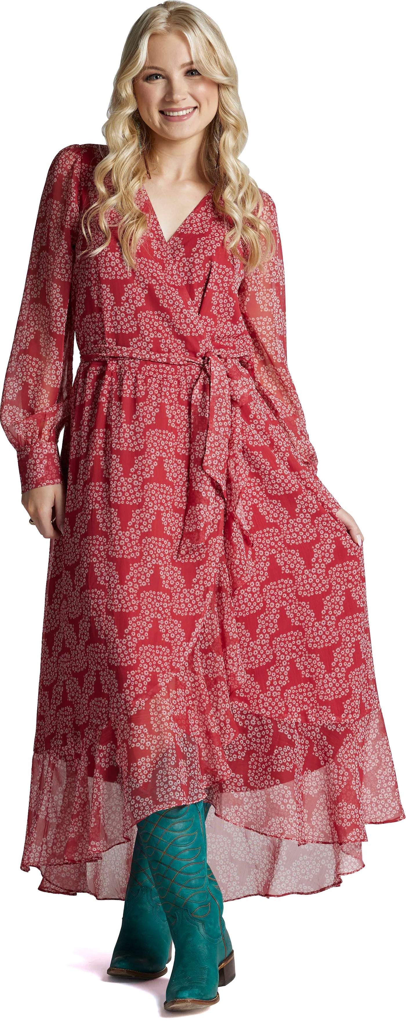 Justin Ladies Red Floral Skull Wrap Maxi Dress