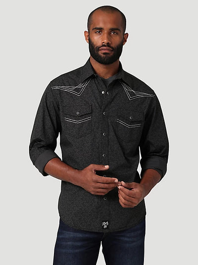 Wrangler Men's Rock 47 Long Sleeve Embroidered Yoke Western Snap Shirt in Black Obsidian