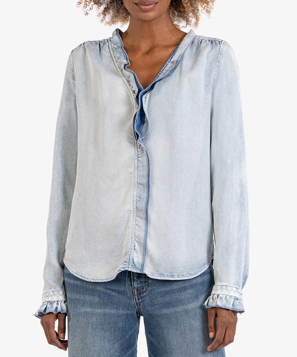 Kut From the Kloth Meara Light Wash Blouse with Ruffles
