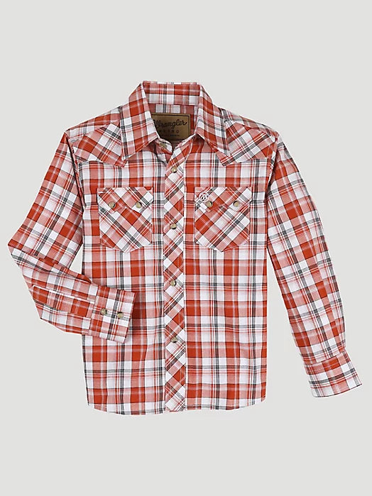 Wrangler Boy's Youth Retro Western Snap Plaid Shirt in Pumpkin