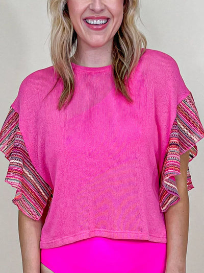Southern Grace Keep Me Updated Pink Knit Top With Striped Sleeves