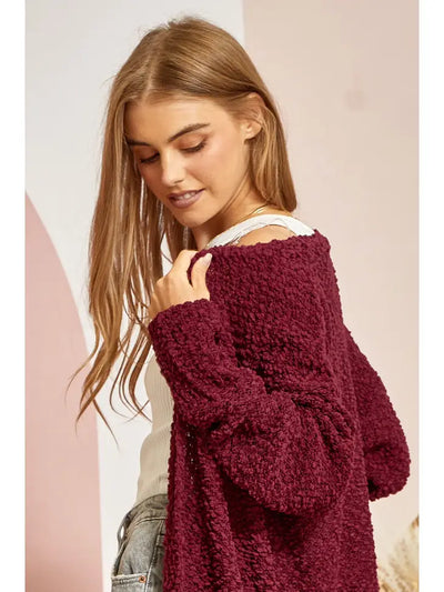 Andree Camille Cozy Long Sleeve Popcorn Cardigan in Burgundy