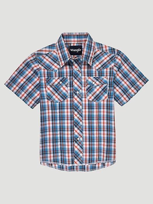 Wrangler Boy's Short Sleeve Fashion Western Snap Plaid Shirt In Sunset Blue