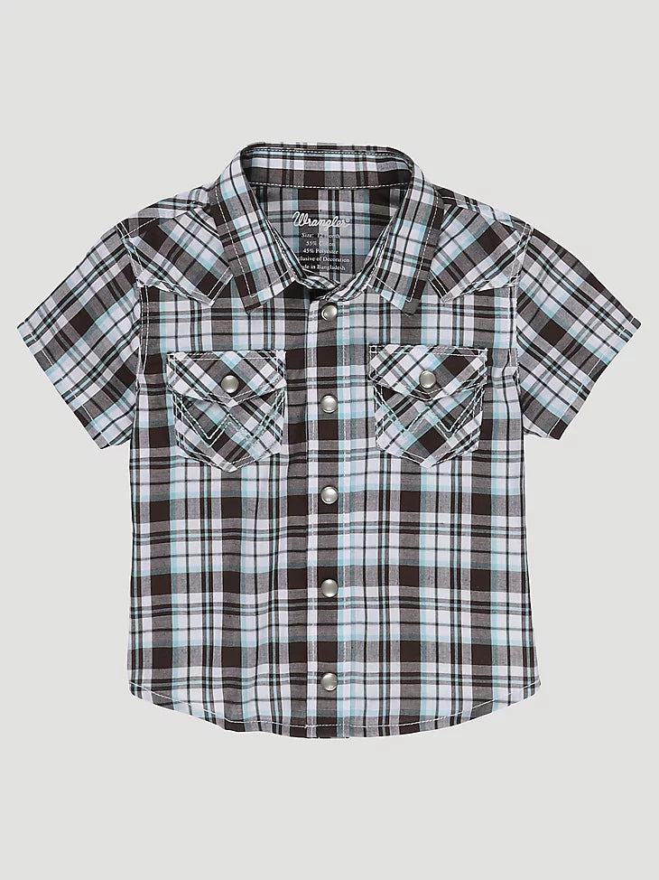 Wrangler Little Boy Short Sleeve Western Snap Plaid Shirt In Classic Brown