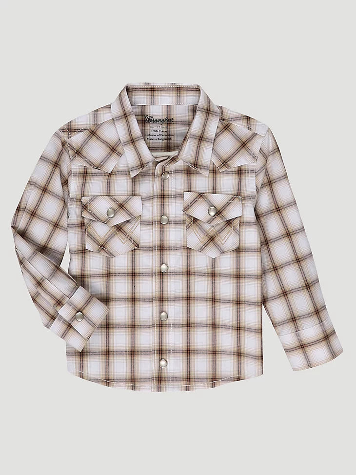 Wrangler Boy's Long Sleeve Snap Front Plaid Western Shirt In Tawny Brown