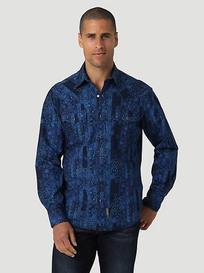 Wrangler Men's Retro Premium Western Snap Print Shirt In Bandana Blue