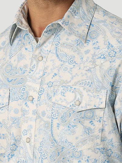 Wrangler Men's Retro Premium Long Sleeve Button Down Print Shirt in Toile Blue