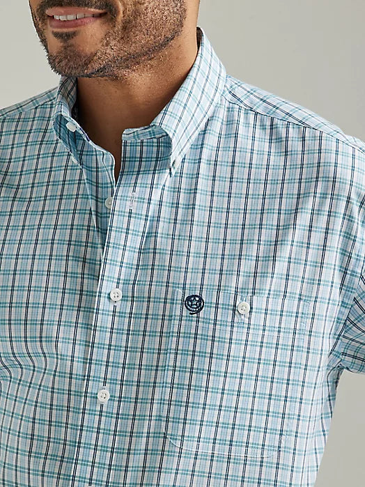 Wrangler George Strait Short Sleeve One Pocket Button Down Plaid Shirt In True Aqua Plaid