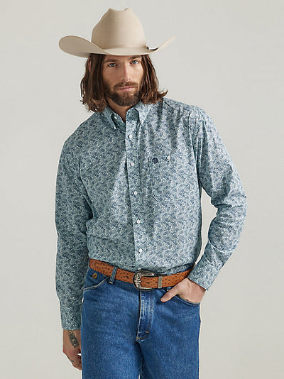 Wrangler Men's George Strait  Long Sleeve Button Down One Pocket Printed Shirt In True Paisley Aqua