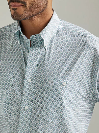 Wrangler Men's George Strait Long Sleeve Two Pocket Button Down Print Shirt In Teal Chain