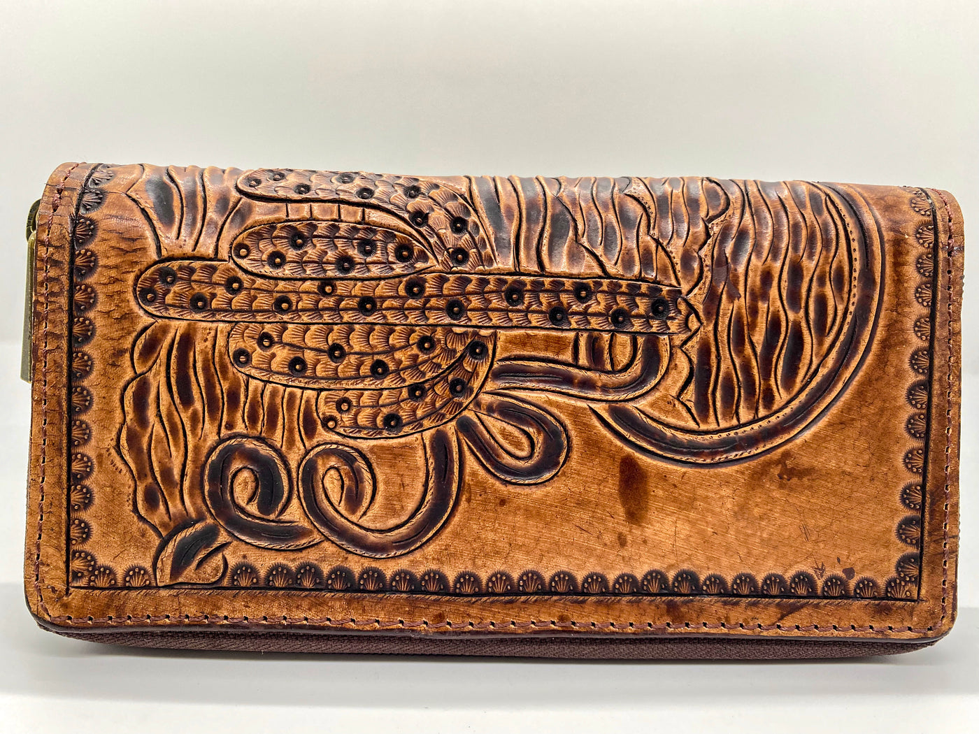 American Darling Hand Carved Leather Wallet Tan Brown With Cactus