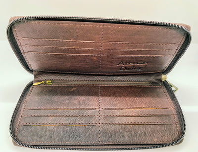 American Darling Hand Carved Leather Wallet Tan and Dark Brown With Zipper