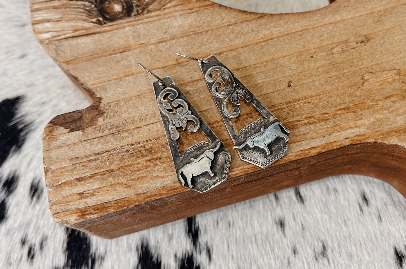 Custom Hand Carved Sterling Silver Longhorn Earrings