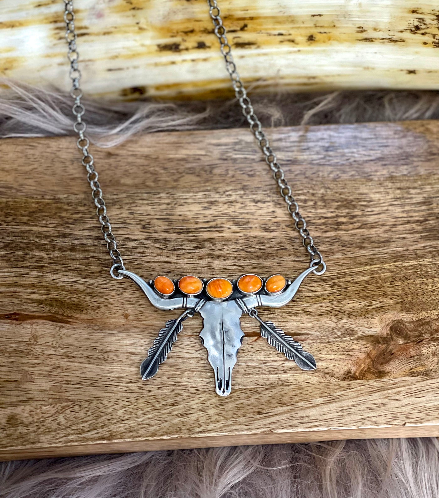 G3 Silver Longhorns and Stone Necklace