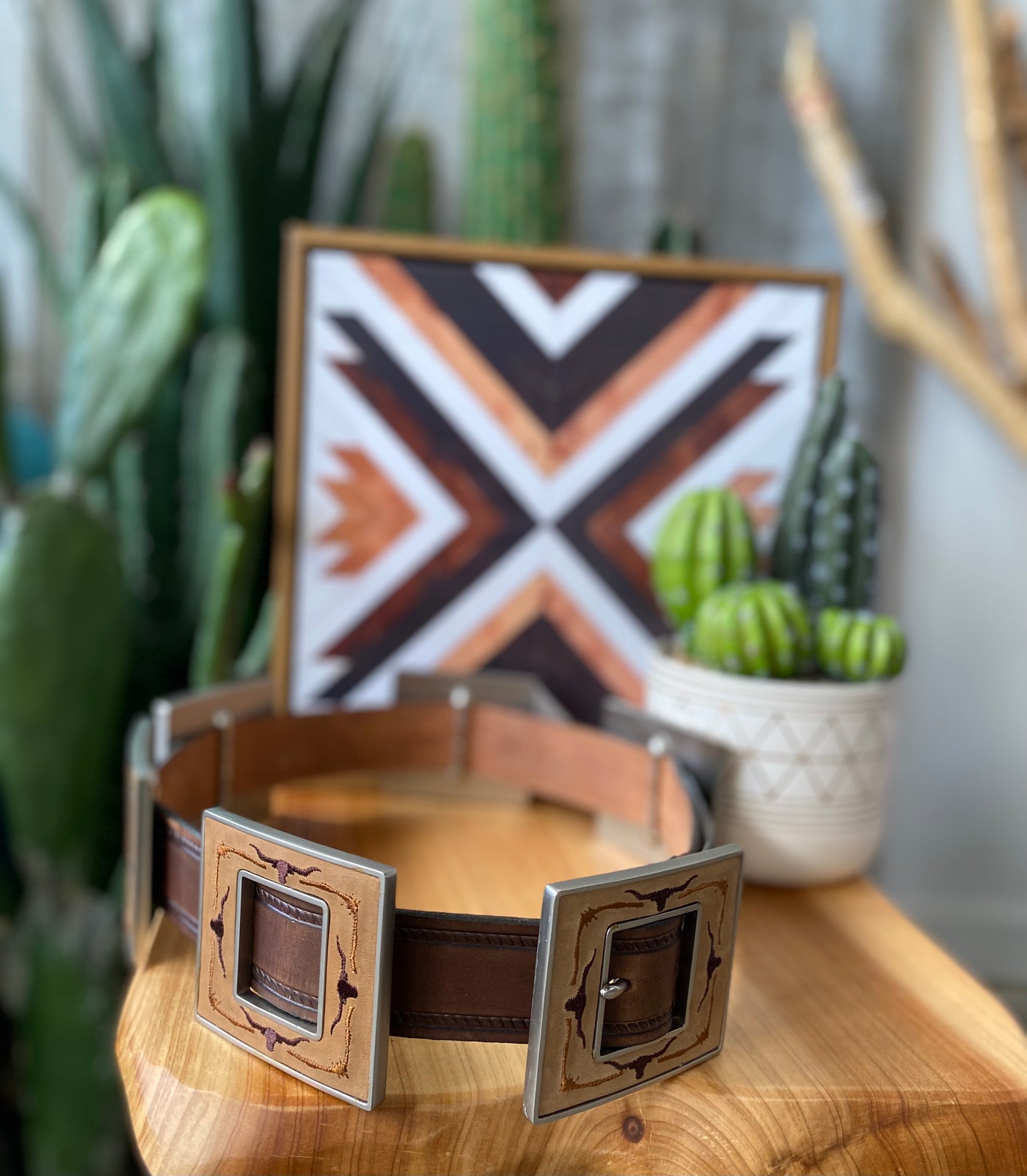 Brown Leather Embroidered Longhorn Western Square Concho Belt