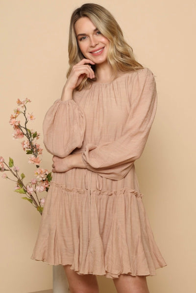 Dixie Taupe Solid Puff Shoulder Long Sleeve Dress