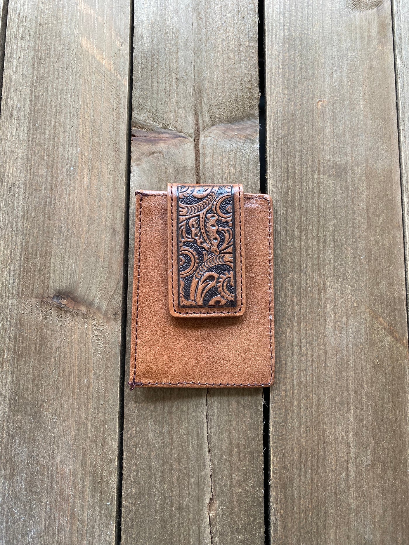 Justin's Card Wallet With Magnetic Clip Tooled With Whipstitch