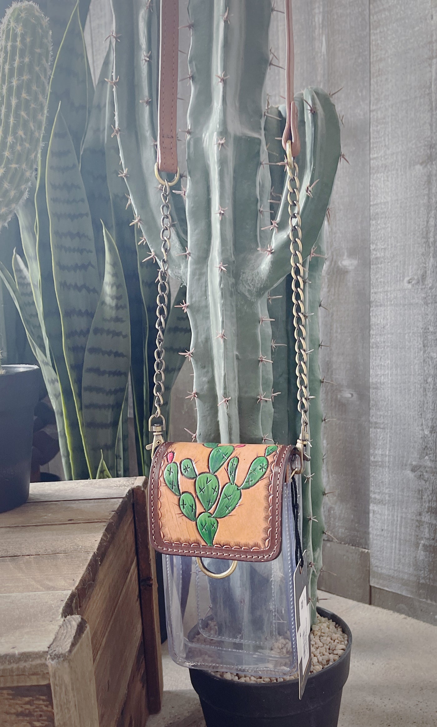 American Darling Crystal Clear Cactus and Tan Leather Cross Body