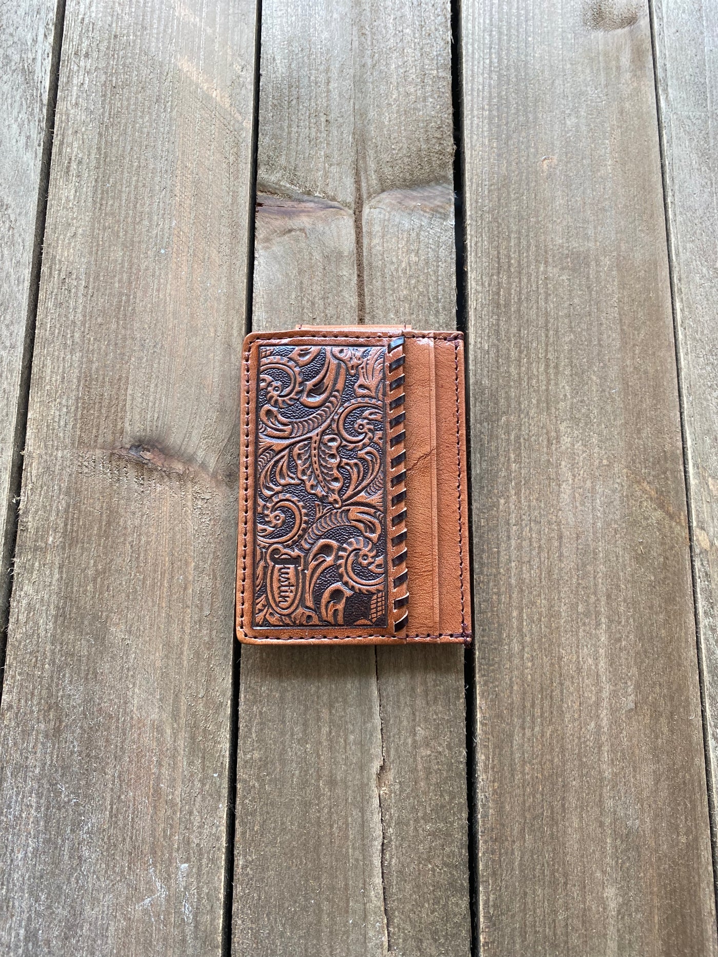 Justin's Card Wallet With Magnetic Clip Tooled With Whipstitch