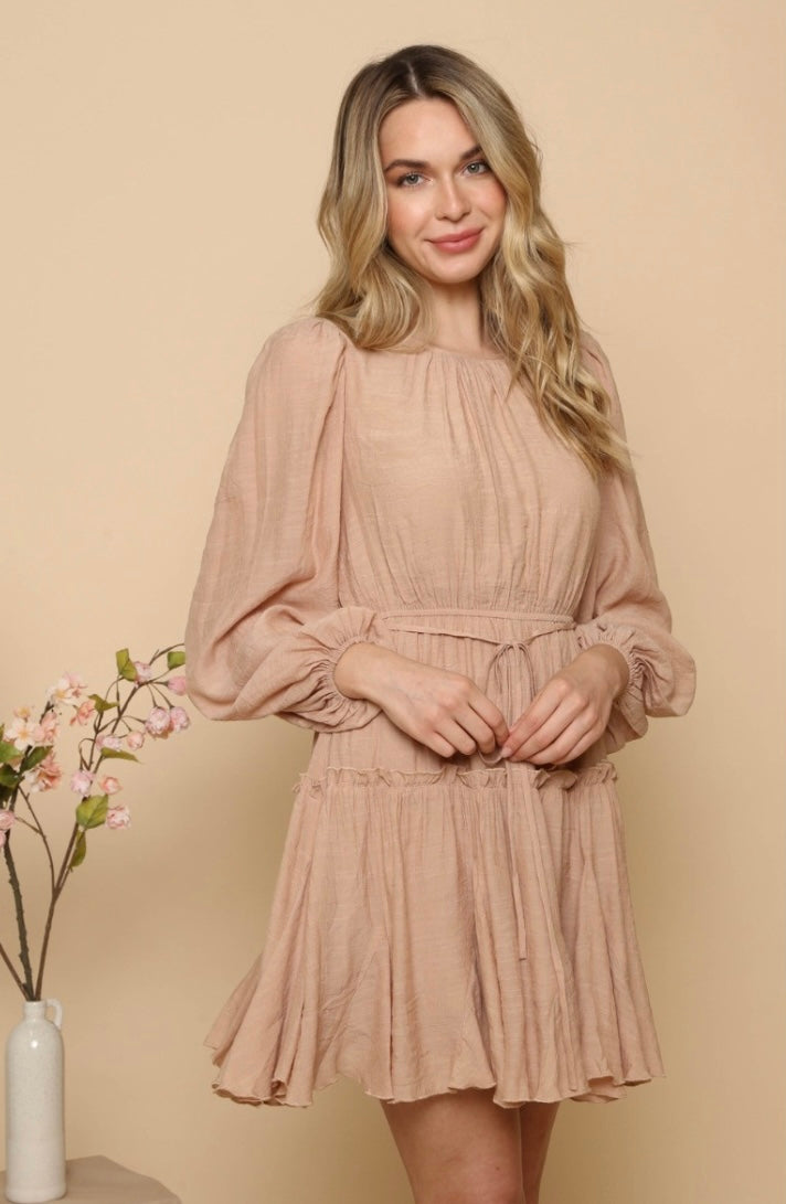 Dixie Taupe Solid Puff Shoulder Long Sleeve Dress