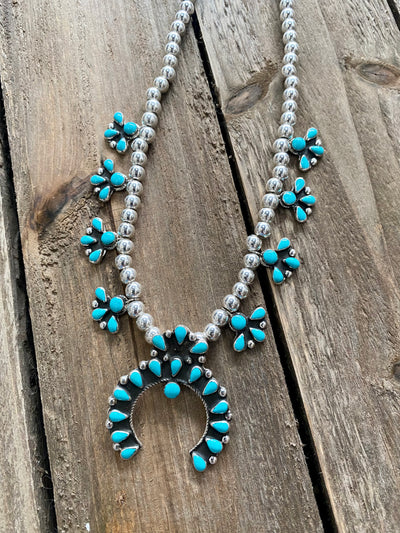 Dianna Turquoise and Silver Squash Blossom Necklace