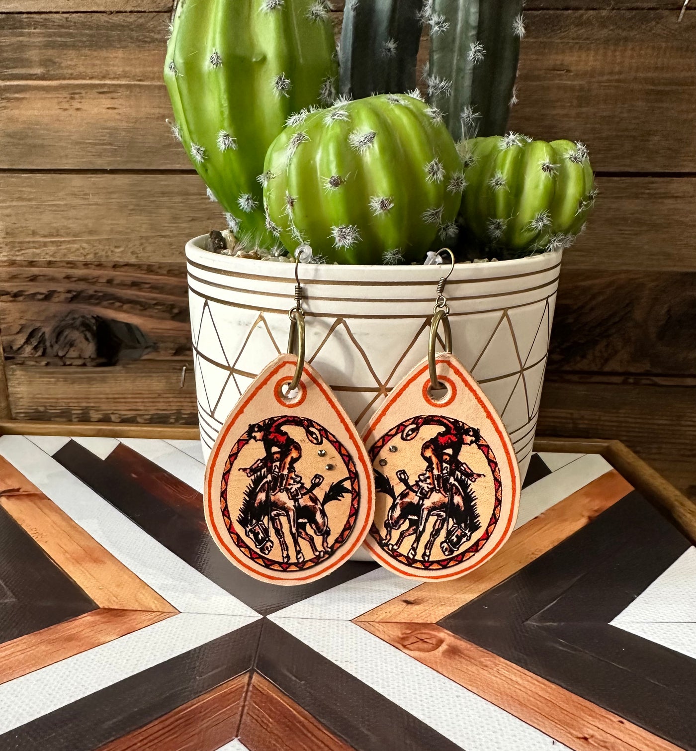 Red Riding Bronco Leather Earrings
